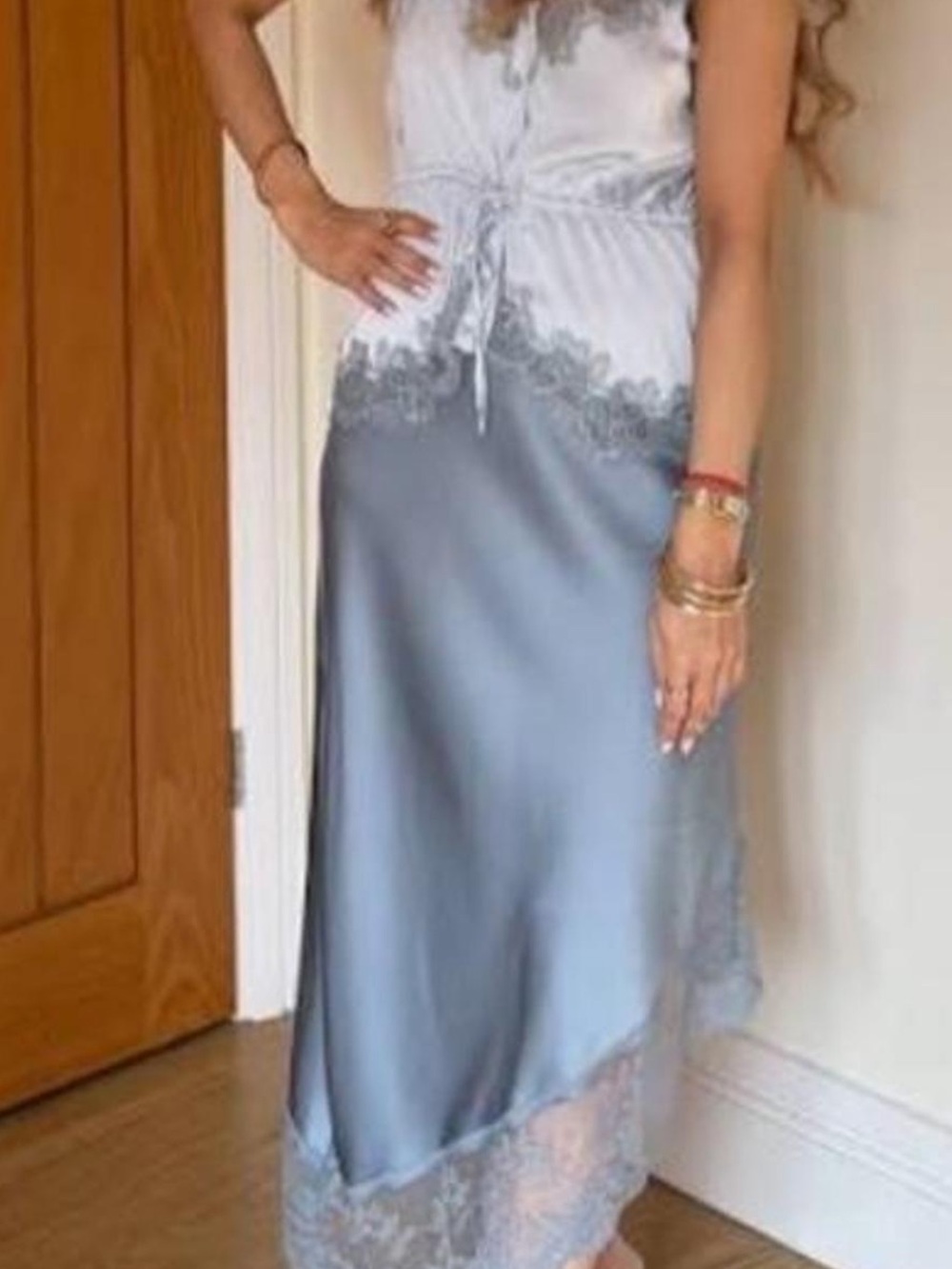 Satin Lace-Trim Slip Skirt — Dusty Blue - Picture 4 of 6